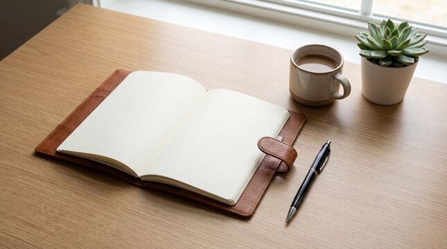 A neat desk setup with an open journal, a coffee mug, and a pen. The scene conveys a sense of productivity and calm, perfect for planning or reflection