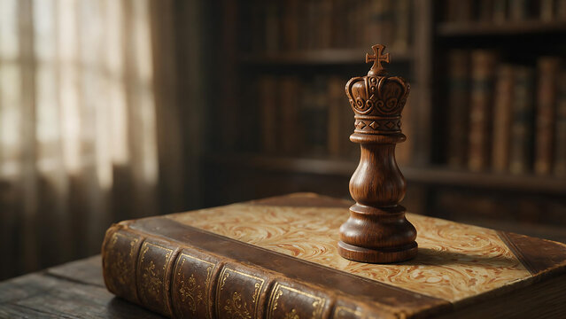 Chess Knight Piece on Leather-Bound Book