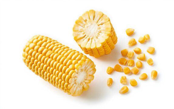 ear of corn isolated on a white background with full depth of field. Top view. Flat lay