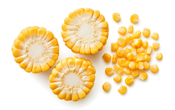 ear of corn isolated on a white background with full depth of field. Top view. Flat lay