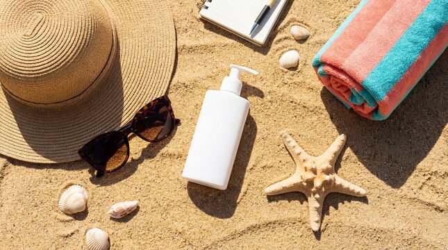 Summer beach essentials laid out on the sand. A straw hat, sunglasses, sunscreen, a striped towel, a notebook, and a starfish create a relaxed vacation vibe