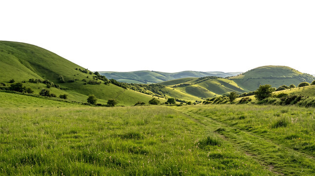 Lush green rolling hills with grassy meadow path isolated on transparent background
