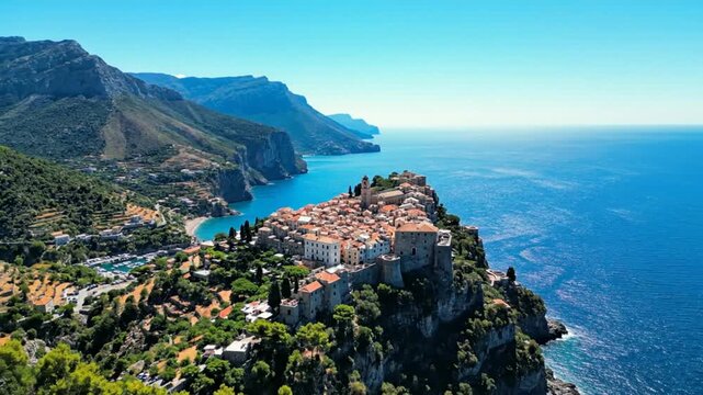 Stunning aerial view of the charming town of Cetara, perched on a cliffside overlooking the azure Mediterranean Sea