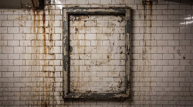 A dusty, empty frame hangs on a grimy, tiled wall with rust stains. The scene evokes a sense of abandonment and decay