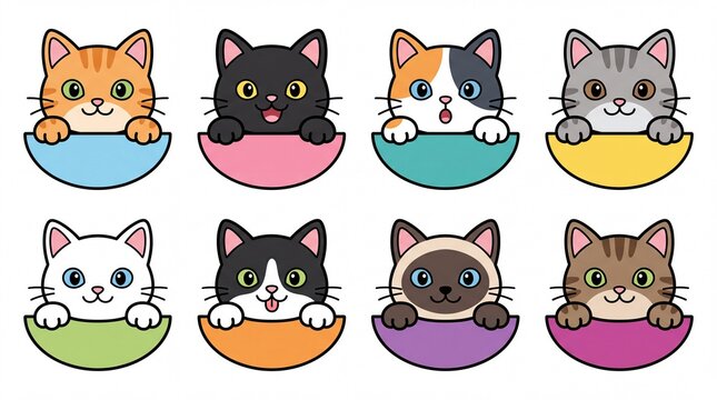 Cute cartoon cat avatars, set of 8 colorful kitten characters in bowls, adorable feline stickers for web design and nursery decor