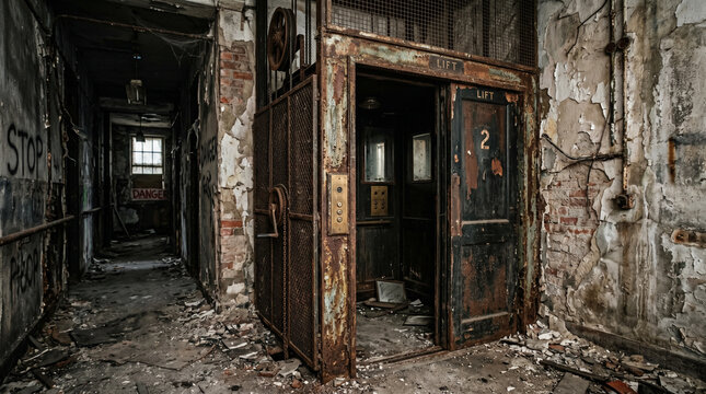Atmospheric photo of an old rusty vintage elevator with open gates in a creepy abandoned building hallway with peeling paint