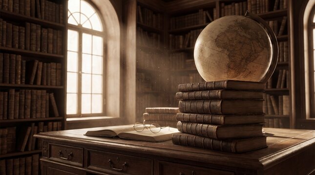 An old library with rows of ancient books, a globe on a stack of books, and a wooden desk with an open book