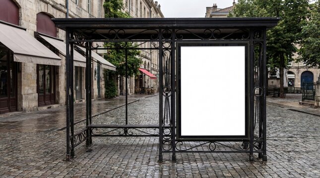 A wet bus stop shelter with a blank advertisement panel stands on a cobblestone street under a grey sky. Shops and building facades line the background, hinting at urban life.