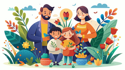 Naklejka premium Happy family gardening together in vibrant nature environment flat vector illustration, eco-friendly lifestyle and togetherness concept.