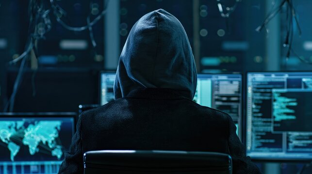 Hacker in a hoodie working on digital cybersecurity data in a dark network room