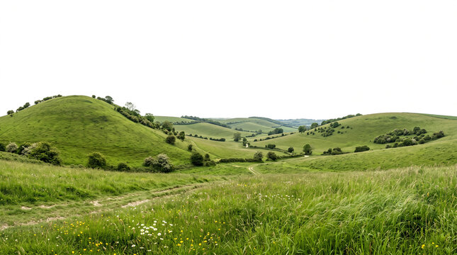 Lush green rolling hills with a dirt road trail isolated on transparent background