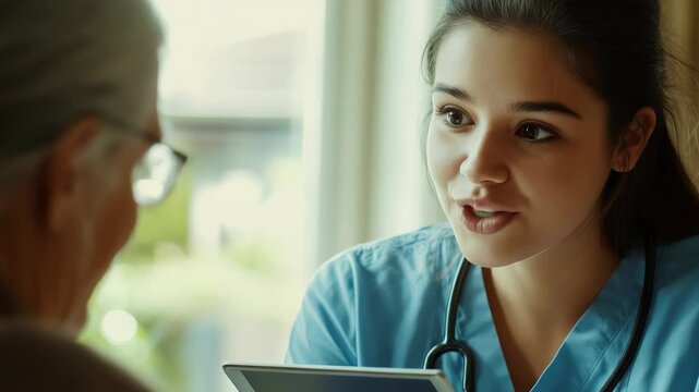 A young nurse talks to a patient in a hospital setting.
