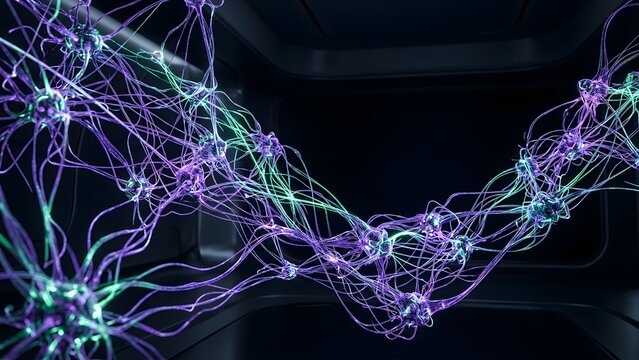 Abstract network of glowing neurons in purple and green, representing brain activity and neural connections