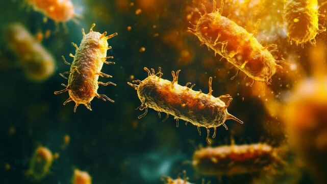 Close-up of bacteria and microbes in motion against a blurred background.