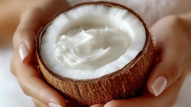 A hand delicately holds a halved coconut filled with creamy white coconut milk.