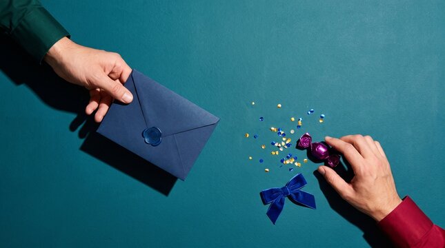 Hands exchanging a festive envelope and sweet in overhead view