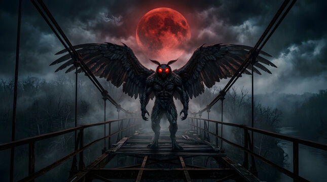 Mysterious Mothman With Glowing Eyes Beneath a Blood Red Moon