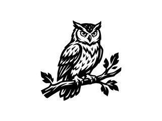 Fototapeta premium Wise Owl Perched on Branch - Black and White Woodcut Style Illustration for Nature Wisdom
