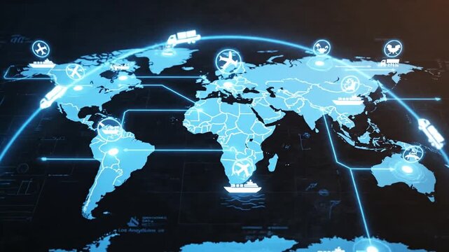 A digital map showing global logistics and international trade routes