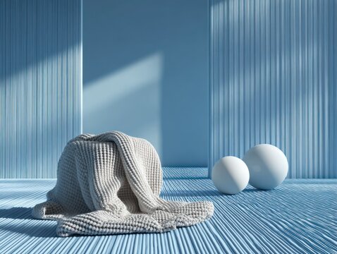 Modern abstract interior, blue tones, textured walls, soft blanket, spherical objects
