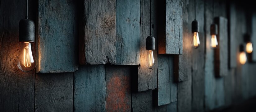 A rustic wall of wooden planks with hanging lights, creating a warm and inviting atmosphere