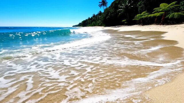 Waves gently lapping on a tranquil tropical beach with white sand under a clear blue sky