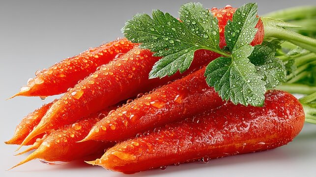 Freshly Washed Carrots with Water Droplets and Green Stems.