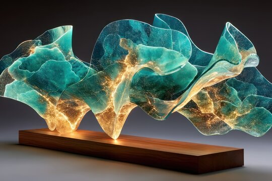 Artistic glowing sculpture with teal and gold hues, placed on a wooden base with a dark background