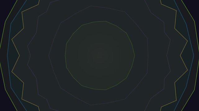 Geometric concentric shapes form a dark abstract background with subtle gold and blue outlines.