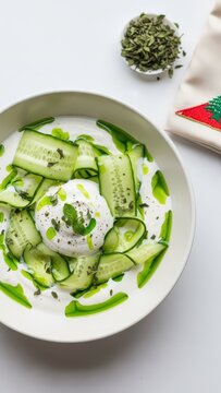 Gourmet khiyar bi laban yogurt cucumber salad with mint oil, minimalist presentation with cool white copy space