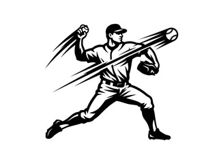 Fototapeta premium Dynamic Baseball Pitcher Throwing Ball in Action - Black and White Graphic Sports Vector Illustration