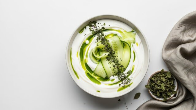 Gourmet khiyar bi laban yogurt cucumber salad with mint oil, minimalist presentation with cool white copy space