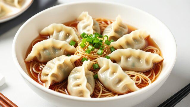 Bowl of Asian dumpling soup with steamed dumplings, noodles, green onions, and savory broth in a white bowl for Asian cuisine and comfort food