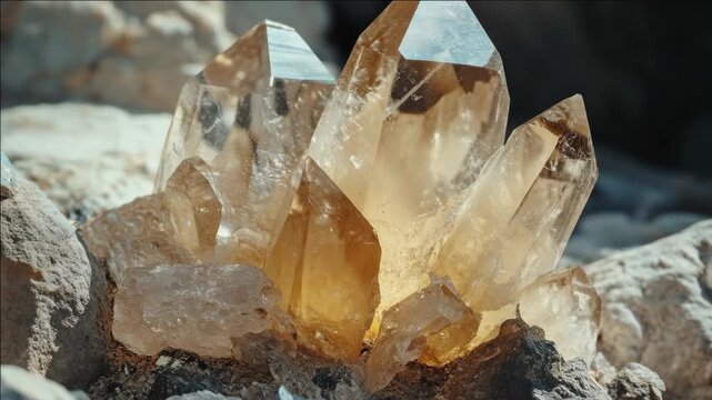 A close-up of sodium chloride crystals on a rocky surface. The crystals are vibrant and shine in the light.