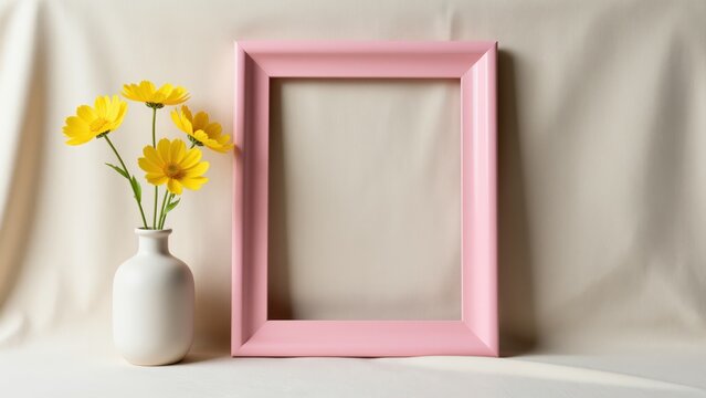 Pink Picture Frame and Yellow Flower Vase on White Background for Home Decor and Artistic Display