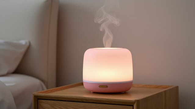 Modern essential oil diffuser emitting mist on a wooden surface in a minimalistic room setting, creating a calming and relaxing atmosphere for wellness and aromatherapy