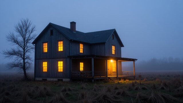 Scenic rural landscape with dark wooden house illuminated from within during twilight, showcasing cozy rustic architecture and quiet countryside setting