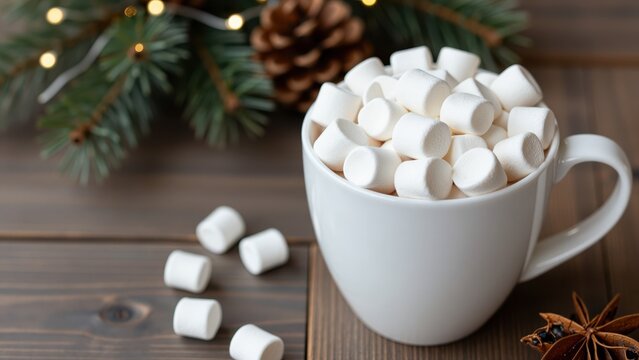 White ceramic mug filled with mini marshmallows on a wooden surface with pine branches and pine cone in the background