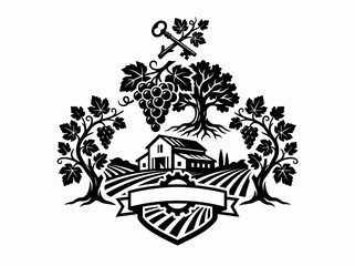 Obraz premium Black White Vector Vintage Viticulture Farm Emblem with Grapes, Barn, Fields, Tree and Key Logo
