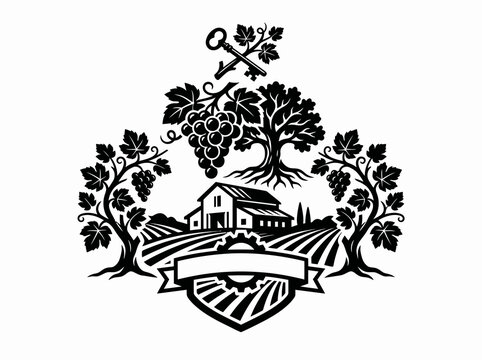 Black  White Vector Vintage Viticulture Farm Emblem with Grapes, Barn, Fields, Tree and Key Logo