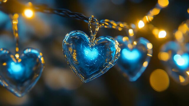 Crystal heart garland lights hanging in the night sky.