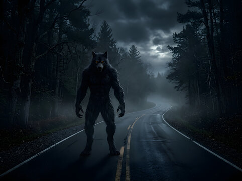 Mysterious Dogman Cryptid Standing on an Empty Rural Road at Night