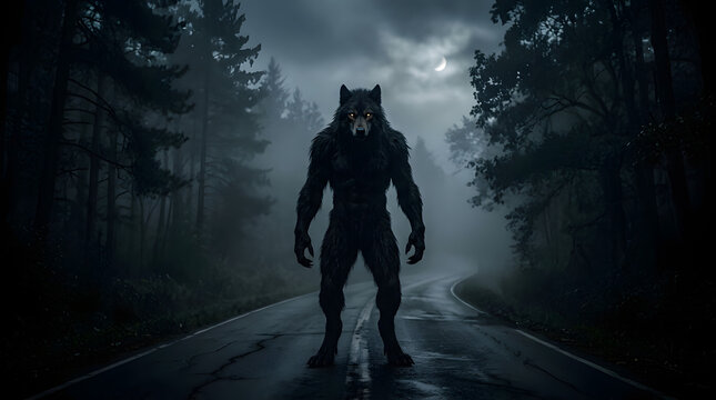 Mysterious Dogman Cryptid Standing on an Empty Rural Road at Night