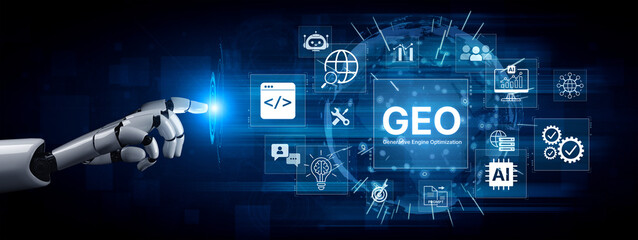 Fototapeta premium Digital marketing concept featuring GEO strategy, optimizing content for AI search engines and large language models. Evolution of SEO, brand authority, and AI citation visibility. Corpus
