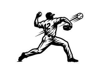 Fototapeta premium Baseball Pitcher Throwing Ball - Black and White Line Art Sports Vector Illustration