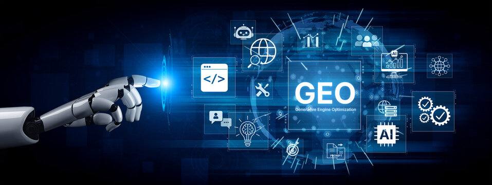 Digital marketing concept featuring GEO strategy, optimizing content for AI search engines and large language models. Evolution of SEO, brand authority, and AI citation visibility. Corpus