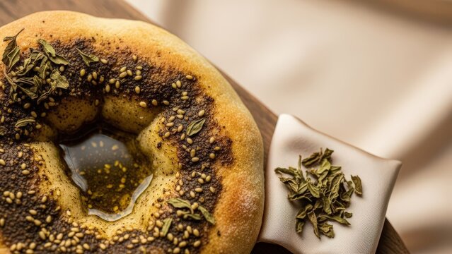 Gourmet taboon bread wedge with za'atar crust and olive oil, minimalist presentation with warm beige copy space