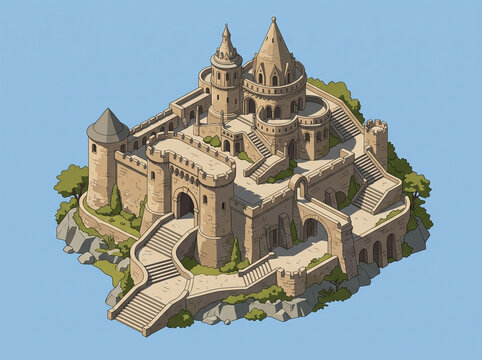 Stone castle isometric illustration for game design