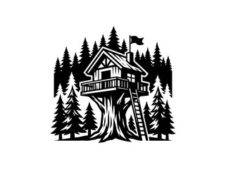 Obraz premium Monochrome Treehouse Vector Art: Black White Woodcut Style Illustration of a Forest Hideaway for Nature Adventure