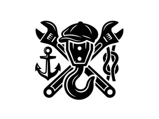 Obraz premium Maritime Industrial Labor Logo with Anchor, Wrench, Hook, and Cap in Black White Glyph Vector